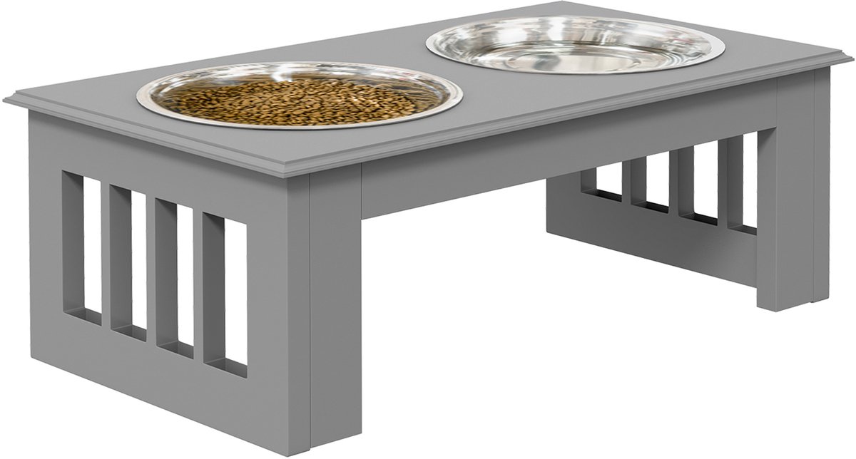 ECTEATOY® Voerbak Hond met standaard - Hondenvoerbak - 2 RVS Voerbakken - MDF - voor Kleine Honden - 44 x 24 x 15 cm - Grijs