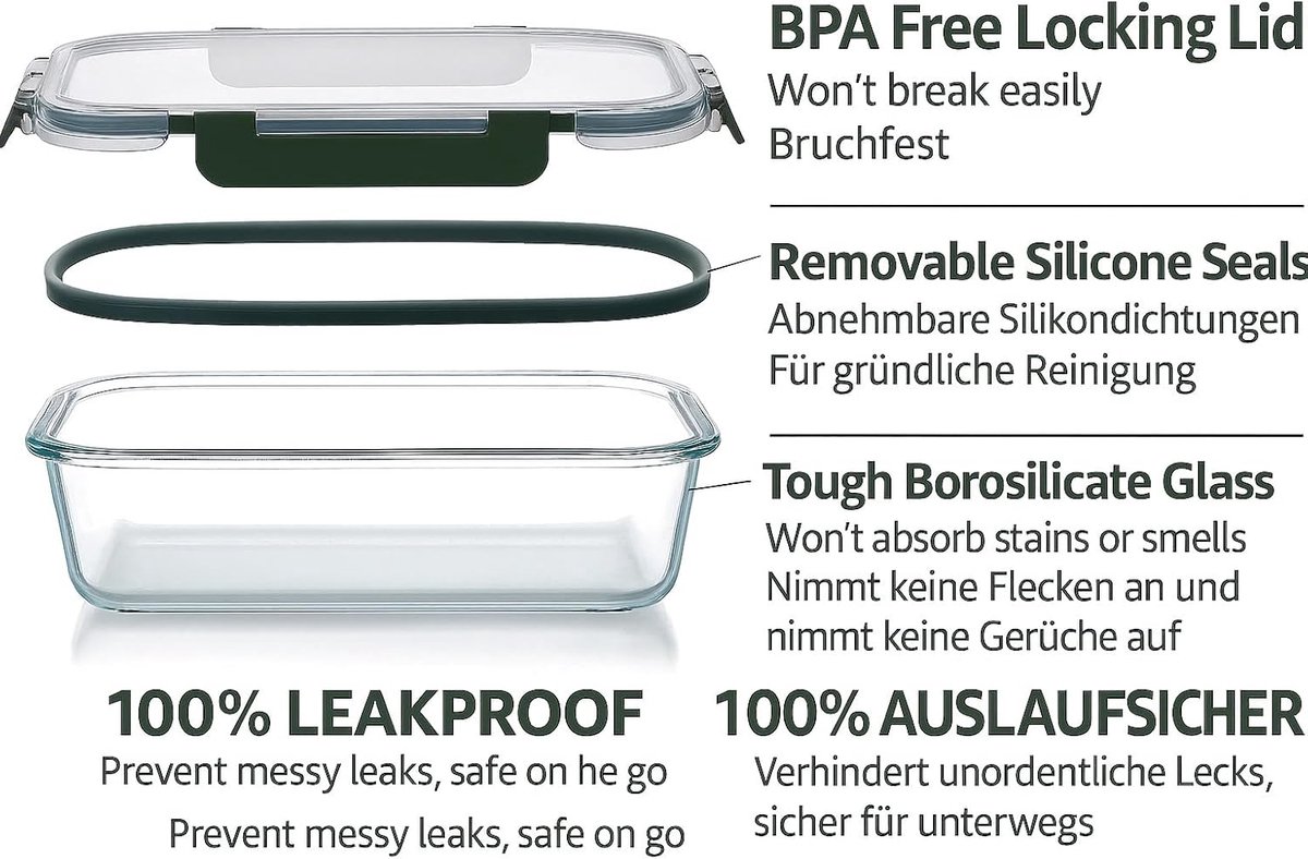 Glazen Verscontainers Set - Bakjes met deksel - Voedsel bewaren - Hittebestendig borosilicaatglas - 5x 370 ml - Transparant — cadeau in Cadeau-ideeën - foto 4