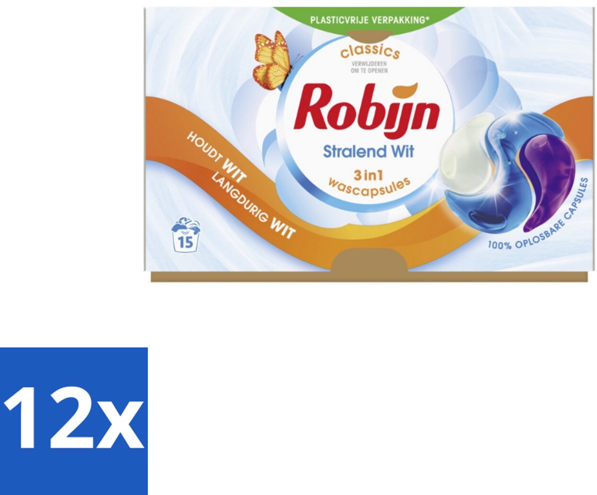 Robijn Wascapsules 3-in-1 Stralend Wit 15 stuks per verpakking - Voordeelverpakking - 12 stuks