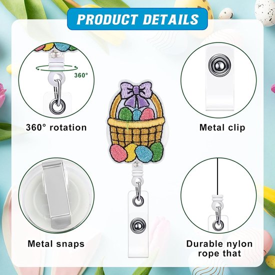 8-delige Pasen Vilt Badge Reel met Retractable Functie voor Zorgprofessionals en ID Kaarten — afbeelding 2