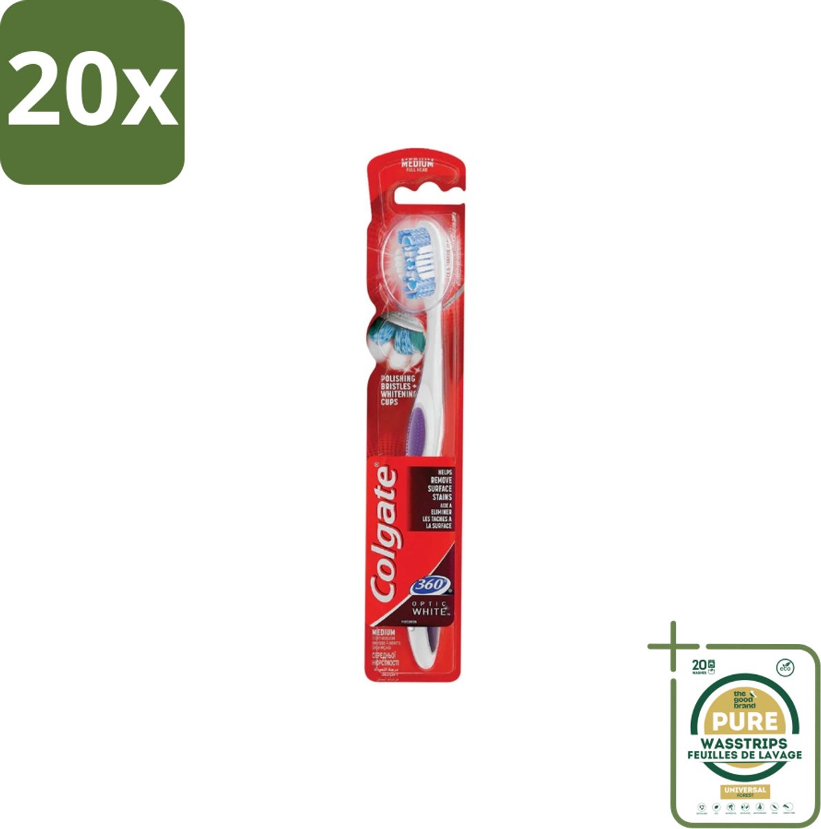 20 x Colgate - Tandenborstel - 360 Optic White Medium- Wit - 1 Tandenborstel - Grootverpakking - Tandenborstel - Tanden Reinigen - Mondverzorging - Wittere Tanden - 360° Reiniging