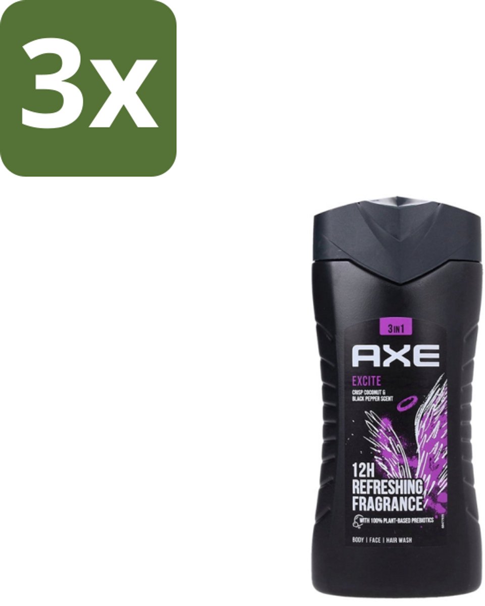 3 x Axe – Douchegel – Excite - 250 ml - Douchegel - Douchegel Zwarte Peper Kokosnoot - Douchegel Voor Mannen - Douchegel Kruidige Geur - Douchegel Warm En Fris