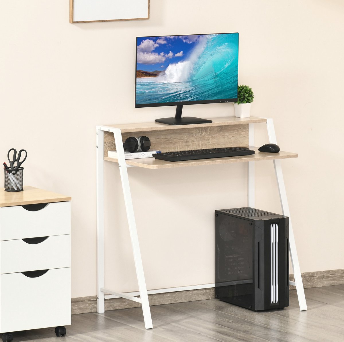 REDOM - Bureau - met opbergvak en kabeldoorvoer - metalen frame - moderne stijl - Home Office en werkkamer - MDF en metaal - Wit - 84 x 45 x 85 cm