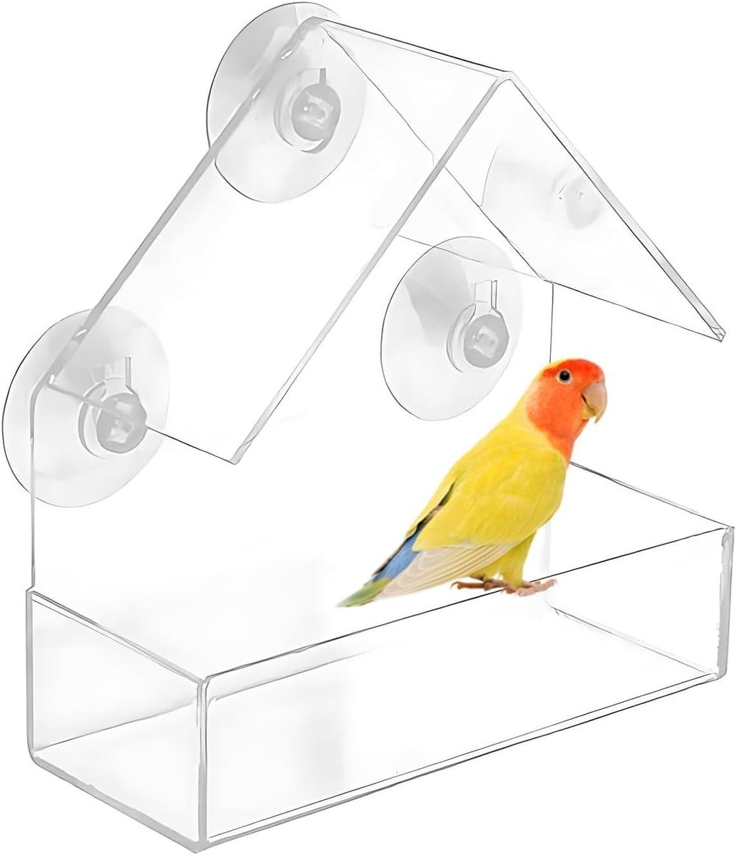 Balkon Vogelbad met Transparante Voederhuis en 3 Zuignappen voor Wilde Vogels, Ideaal voor Vinken en Blauwe Vogels, 15 x 15 x 6 cm