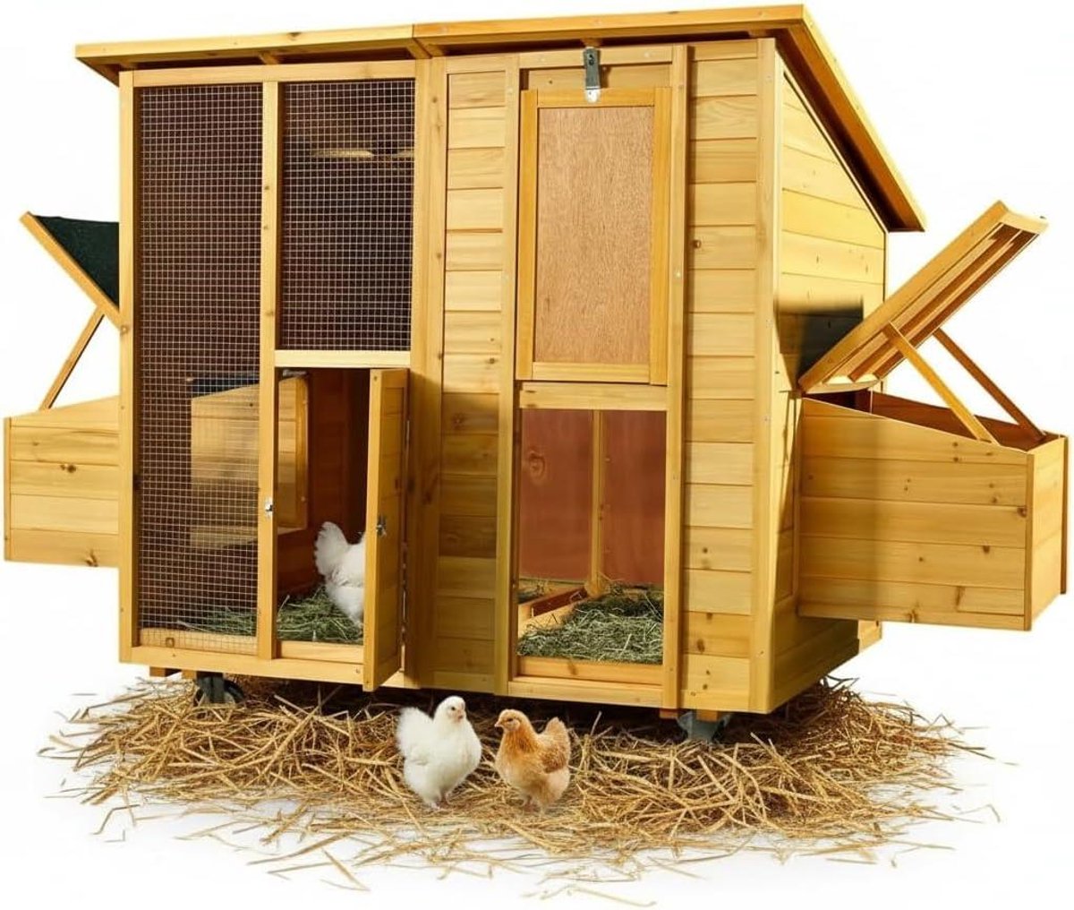 Kippenhok met ren - Eendenhuis hout - Vrije uitloop - Verplaatsbaar met wielen - 214 x 125 x 108 cm