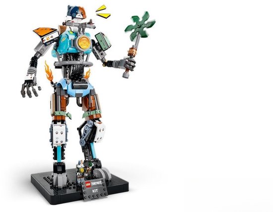 Robot à tête de chat, armure bleu clair, accents marron et blanc, avec épée à hélice verte et flammes.