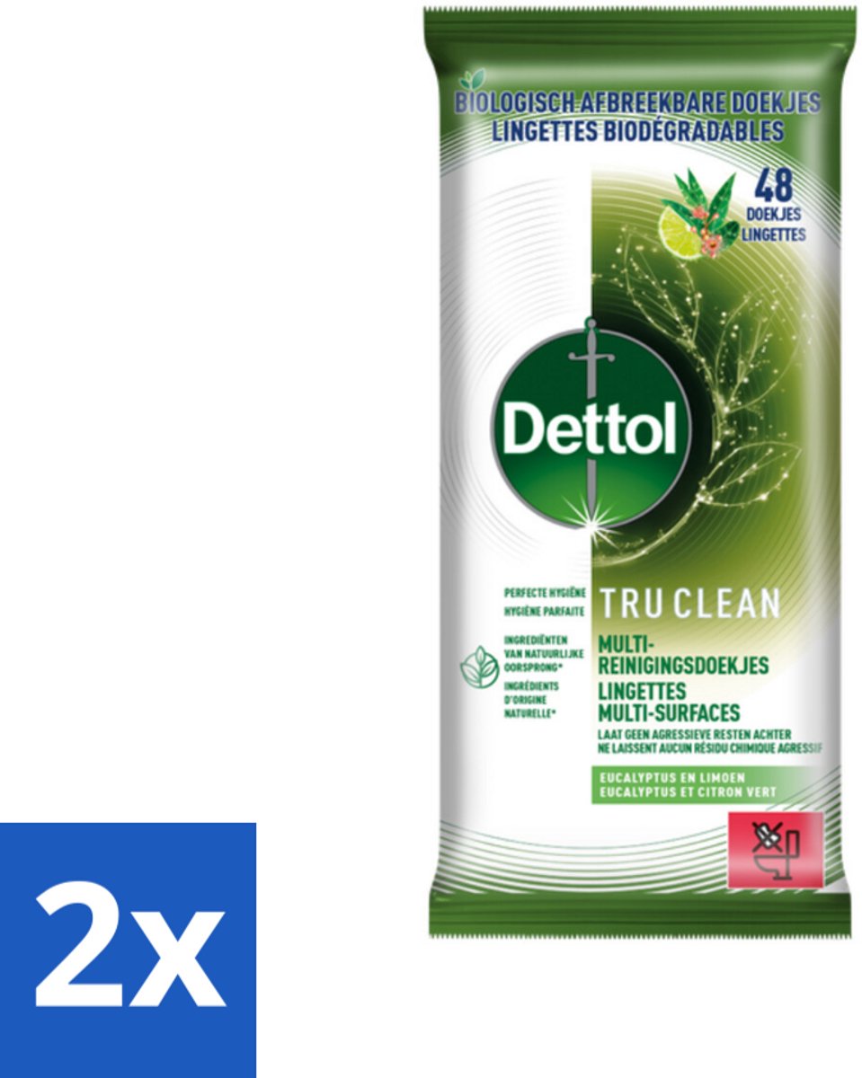 2 x Dettol Reinigingsdoekjes Tru Clean Eucalyptus & Lime 48 stuks per verpakking - Schoonmaakdoekjes - Multi Reinigingsdoekjes - Biologisch Afbreekbare Doekjes - Eucalyptus Geur - Limoen Geur