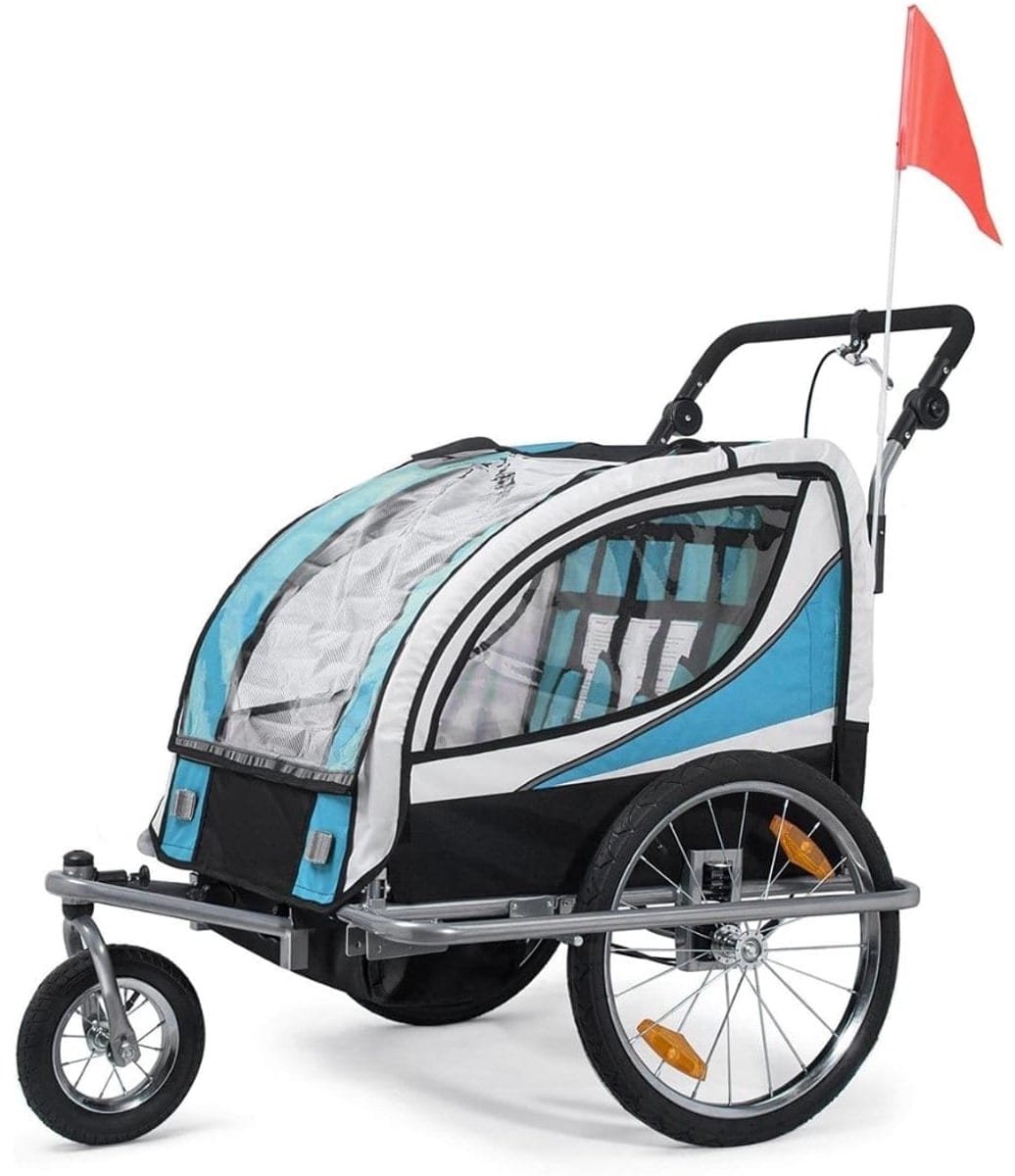 Klarven® Fietskar - Fietskar Bagage voor 2 Kinderen - Draaibaar Voorwiel, Omvormbaar tot Buggy - Blauw/Zwart - B 88 x H 108 cm
