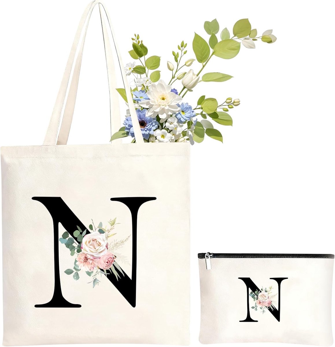 Persoonlijke Canvas Tote Bag en Make-up Tas met Initialen, Perfect Cadeau voor Vriendin, Moeder of Zuster, Ideaal voor Verjaardag en Bruiloft