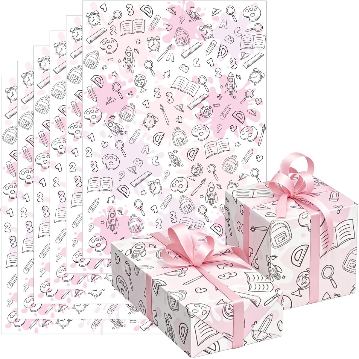 Cadeaupapier voor schoolkinderen - 6 vellen met ABC-patroon voor de eerste schooldag, 50 x 70 cm, feestelijke decoratie en leuke geschenken