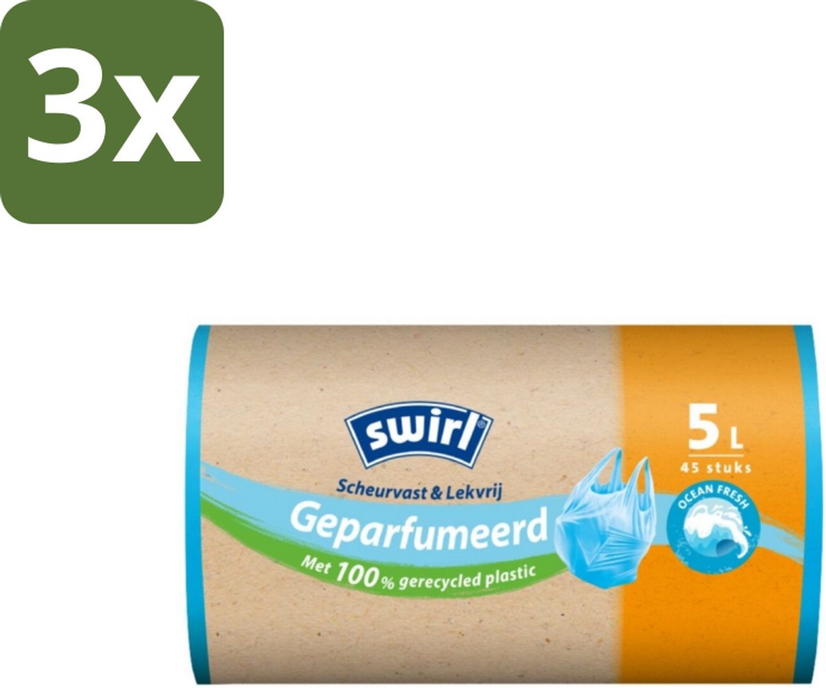 Swirl – Pedaalemmerzakken – Geparfumeerd Ocean Fresh – 5 L – 45 zakken - Bulkverpakking - 3 stuks