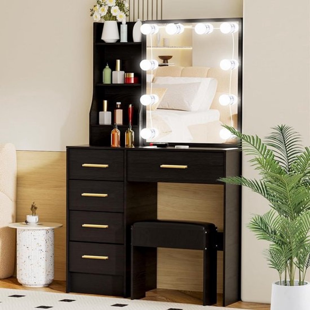 Make-uptafel met verlichting en spiegel - instelbare helderheid, 131 x 80 x 36 cm