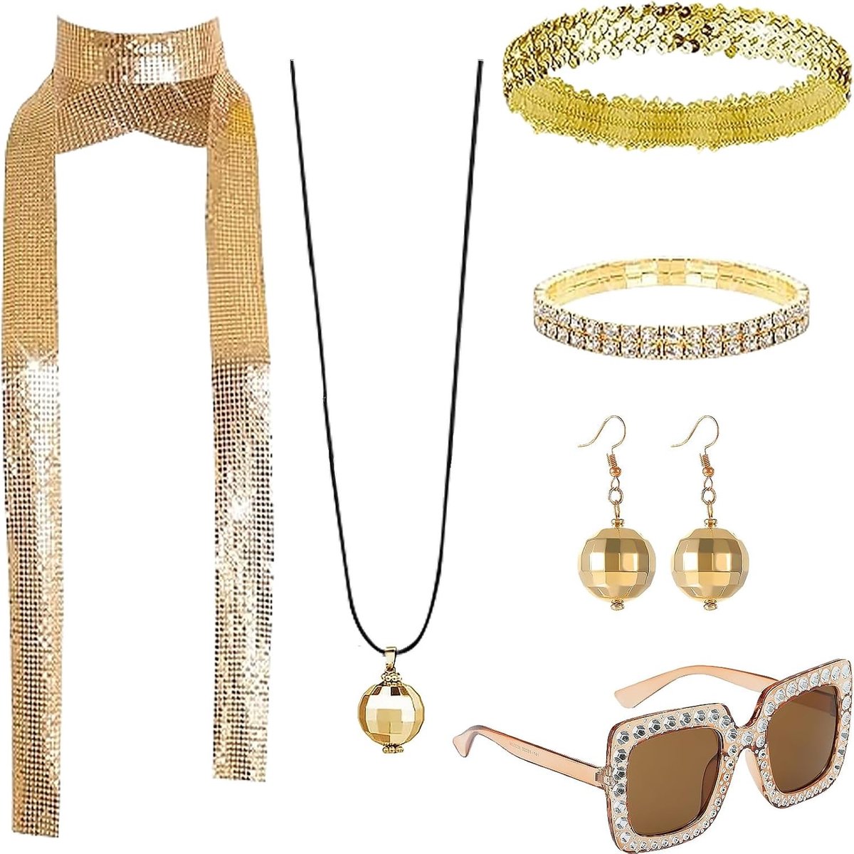 Vrouwelijke Disco Accessoires Set van 6 Stukken, Retro 70s Carnaval Kostuum, Feest Decoraties en Outfit Accessoires