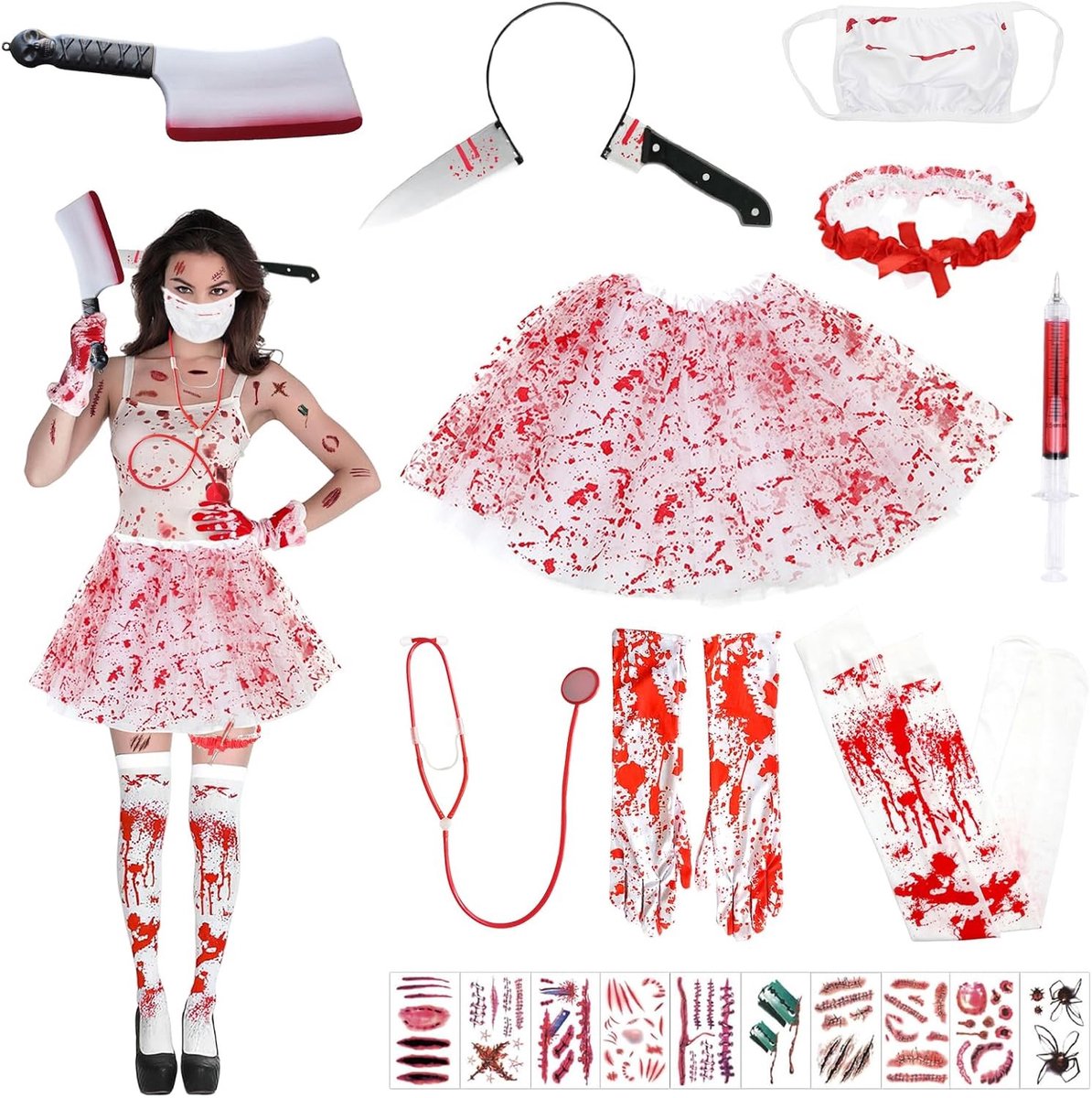 10-delig verpleegster kostuum voor vrouwen, zombie thema, Halloween, angst, stethoscoop, tijdelijke tattoos, carnaval, cosplay accessoires