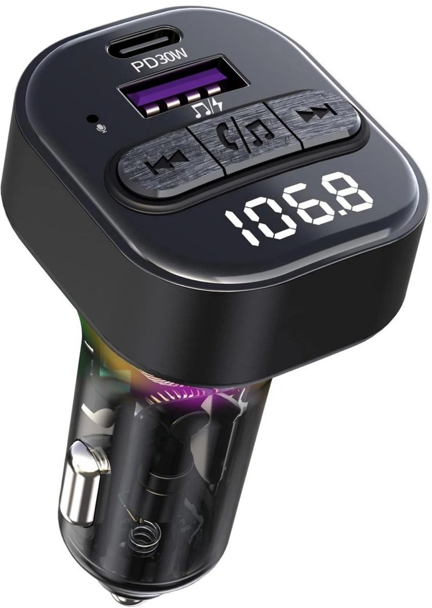 casalora™ - Fm Transmitter Bluetooth 5.3 - Auto-adapter - met Type-C PD(30W) autolader en QC3.0 USB-poort - Draadloze FM-radiozender - Ondersteuning MP3-speler - Handsfree bellen - LED-achtergrondverlichting - Carkit - Auto accessoires