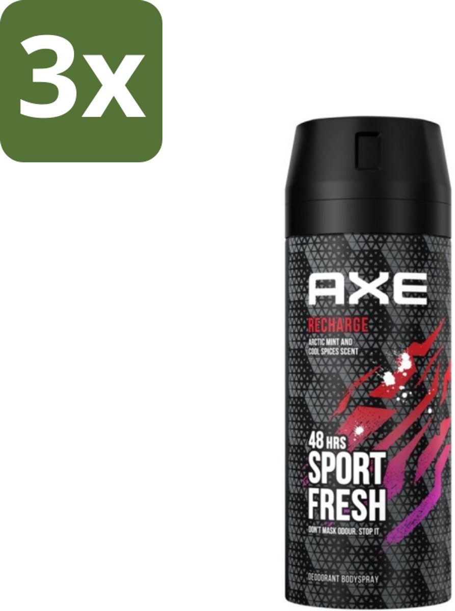 Axe - Deodorant Bodyspray - 48hrs Sport Fresh - Recharge - Arctic Mint & Cool Spices - 150 ml - Bulkverpakking - 3 stuks