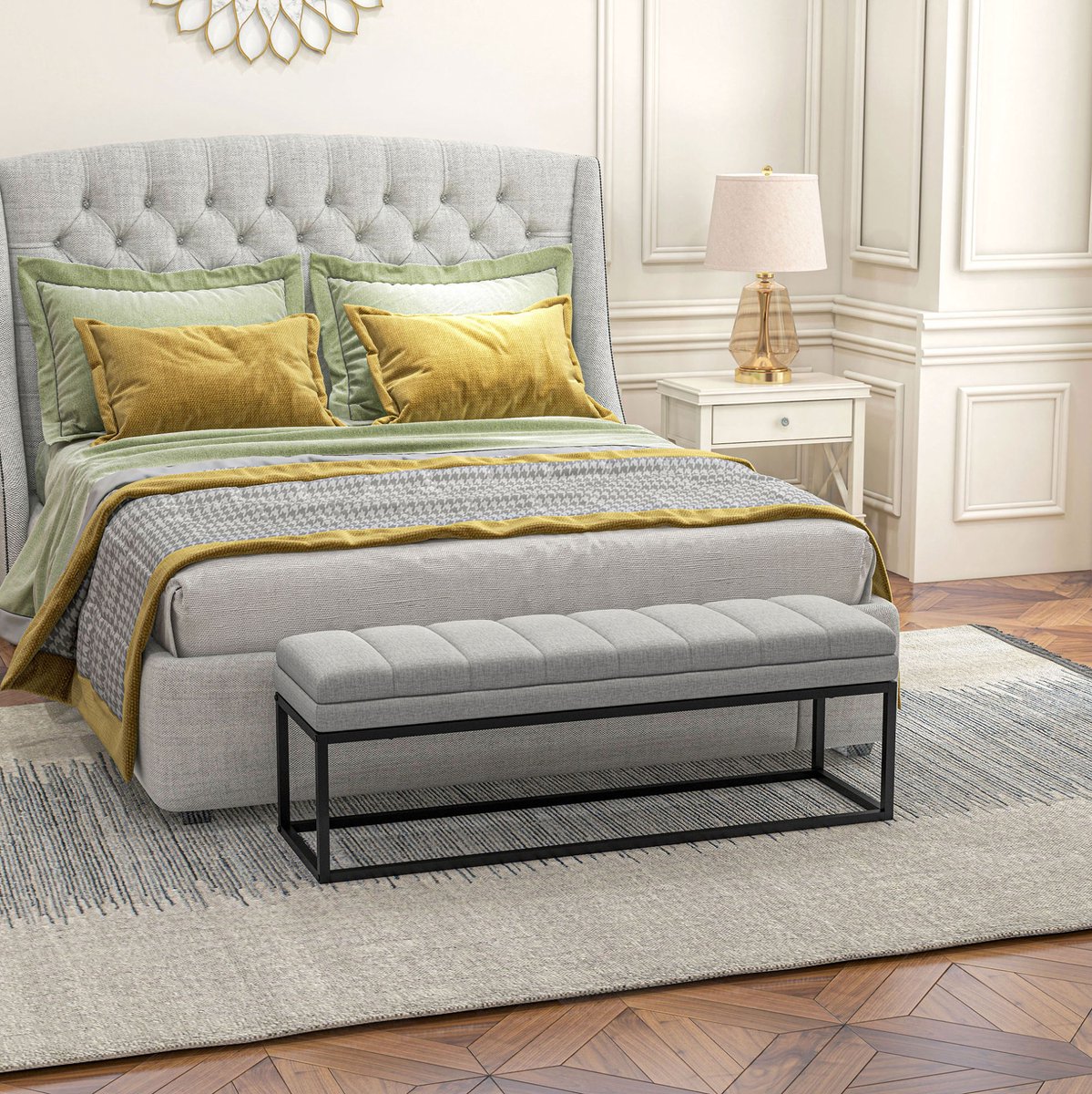 REDOM - Bedbank - Gecapitonneerde zitting - Staal- en houtframe - Leinenoptiek - Slaapkamer en beduiteinde - Polyester - Lichtgrijs - 120 x 44 x 45,5 cm
