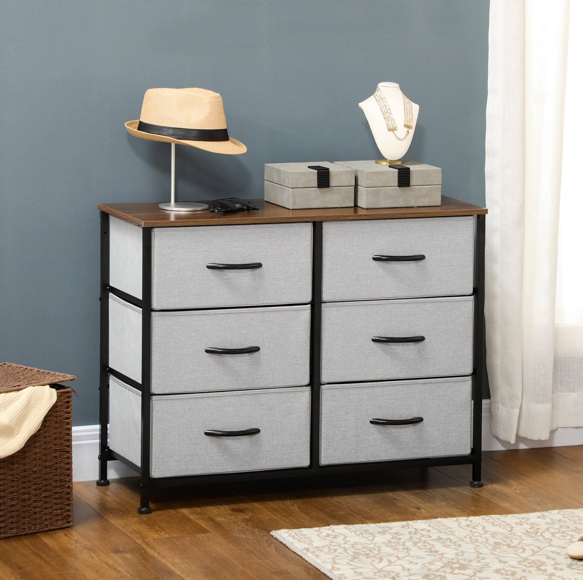 REDOM - Kommode Sideboard - 6 klappbare stoffen lades - Stalen frame - Opbergmeubel - Woonkamer en slaapkamer - MDF en stof - Grijs - 80 x 30 x 62,5 cm