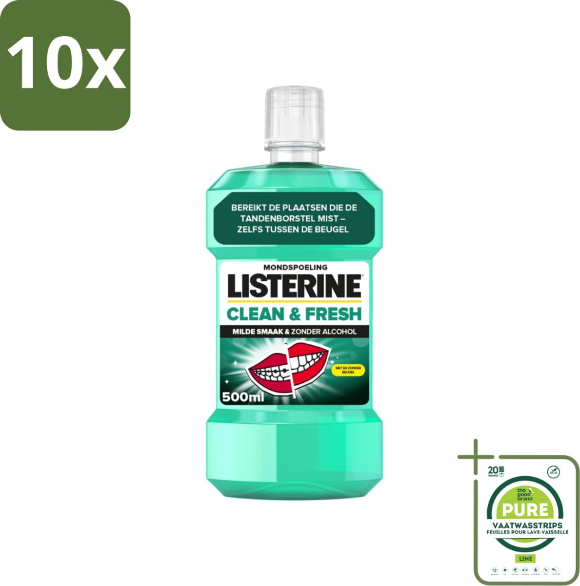 10 x Listerine - Mondwater - Clean & Fresh - Zonder Alcohol - 500 ml - Grootverpakking - Mondspoeling - Mondwater - Tandplak - Bacteriën - Beugel