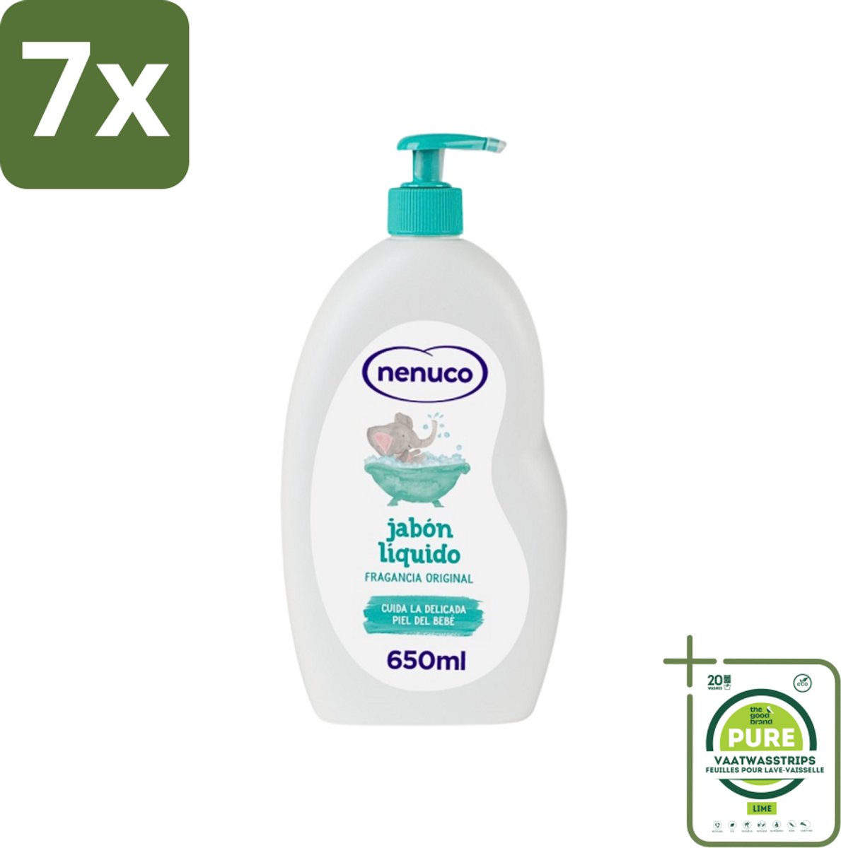 7 x Nenuco - Jabon Líquido - Vloeibare Zeep - Originele Geur - Met Doseerpomp - 650 ml - Grootverpakking - Vloeibare Zeep - Handzeep - Douchegel - Badschuim - Baby Huid