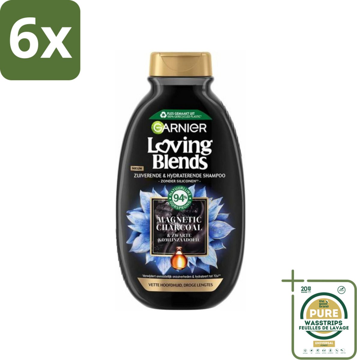 Garnier Loving Blends Magnetic Charcoal Shampoo 300 ml - Voordeelverpakking - 6 stuks - Zuivering hoofdhuid - Hydraat haar