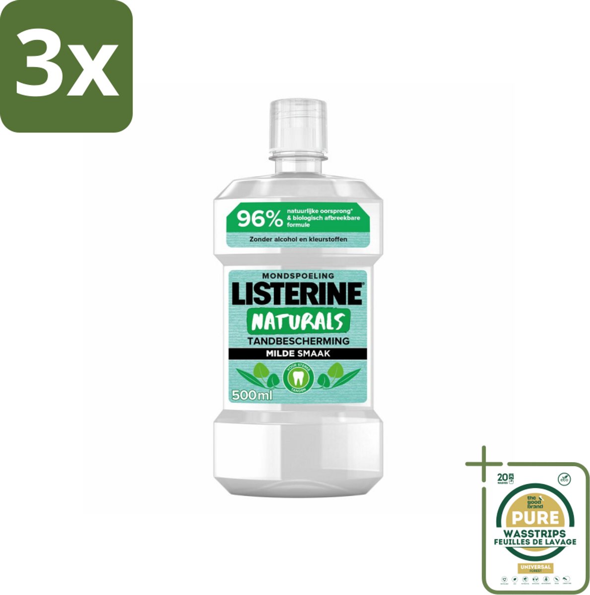 3 x Listerine Naturals Mondwater Tandbescherming 500 ml - Grootverpakking - Mondspoeling - Mondwater - Tandbescherming - Natuurlijk Mondwater - Tandgezondheid