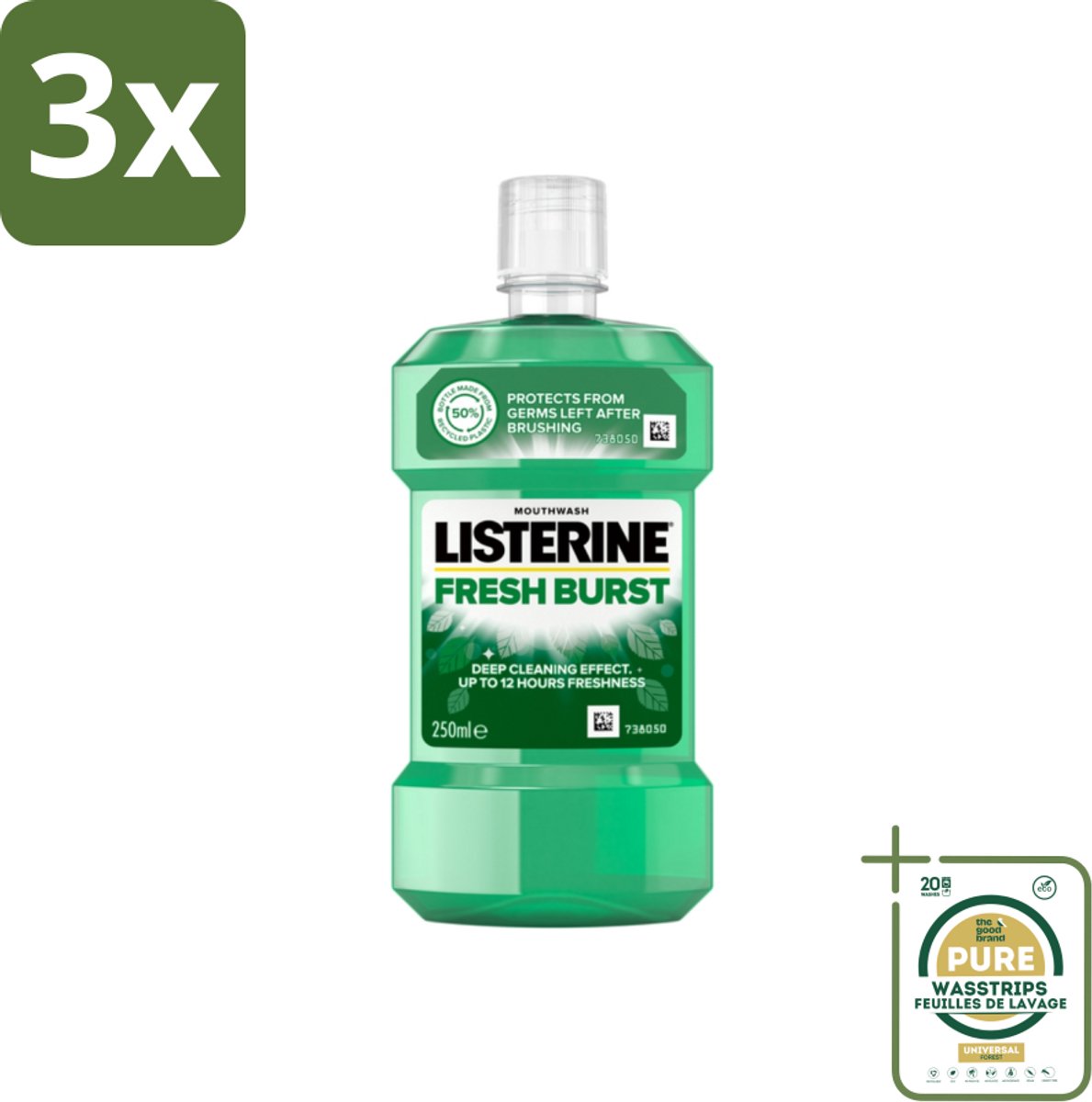 3 x Listerine - Mondwater - Fresh Burst - 250 ml - Grootverpakking - Mondwater - Mondspoeling - Antibacterieel Mondwater - Frisse Adem - Tandplak
