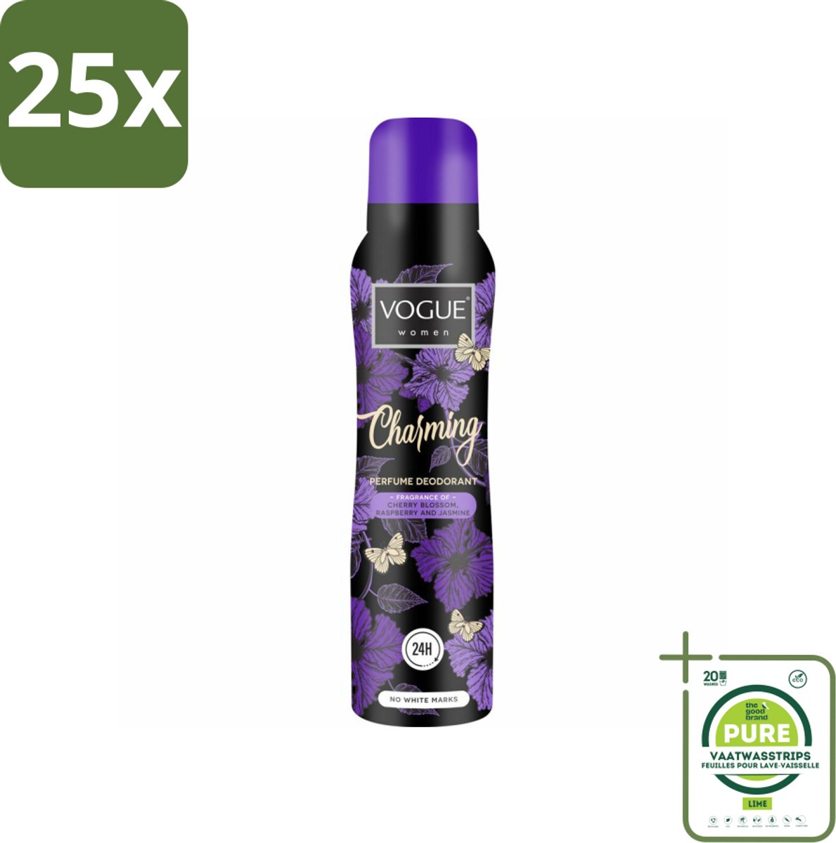 25 x Vogue Charming Parfum Deodorant 150 ml - Grootverpakking - Parfum Deodorant - Geur - 24 Uur Bescherming - Zweetbescherming - Japanse Kersenbloesem