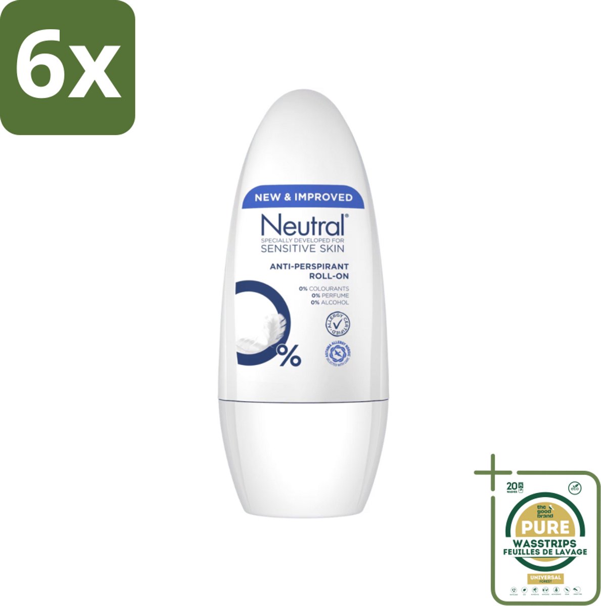 Neutral - Deodorant Roller - Gevoelige Huid - Anti-perspirant - 0% Parfum, Kleurstof & Alcohol - 50 ml - Voordeelverpakking - 6 stuks - Deodorant roller - Biologisch afbreekbaar