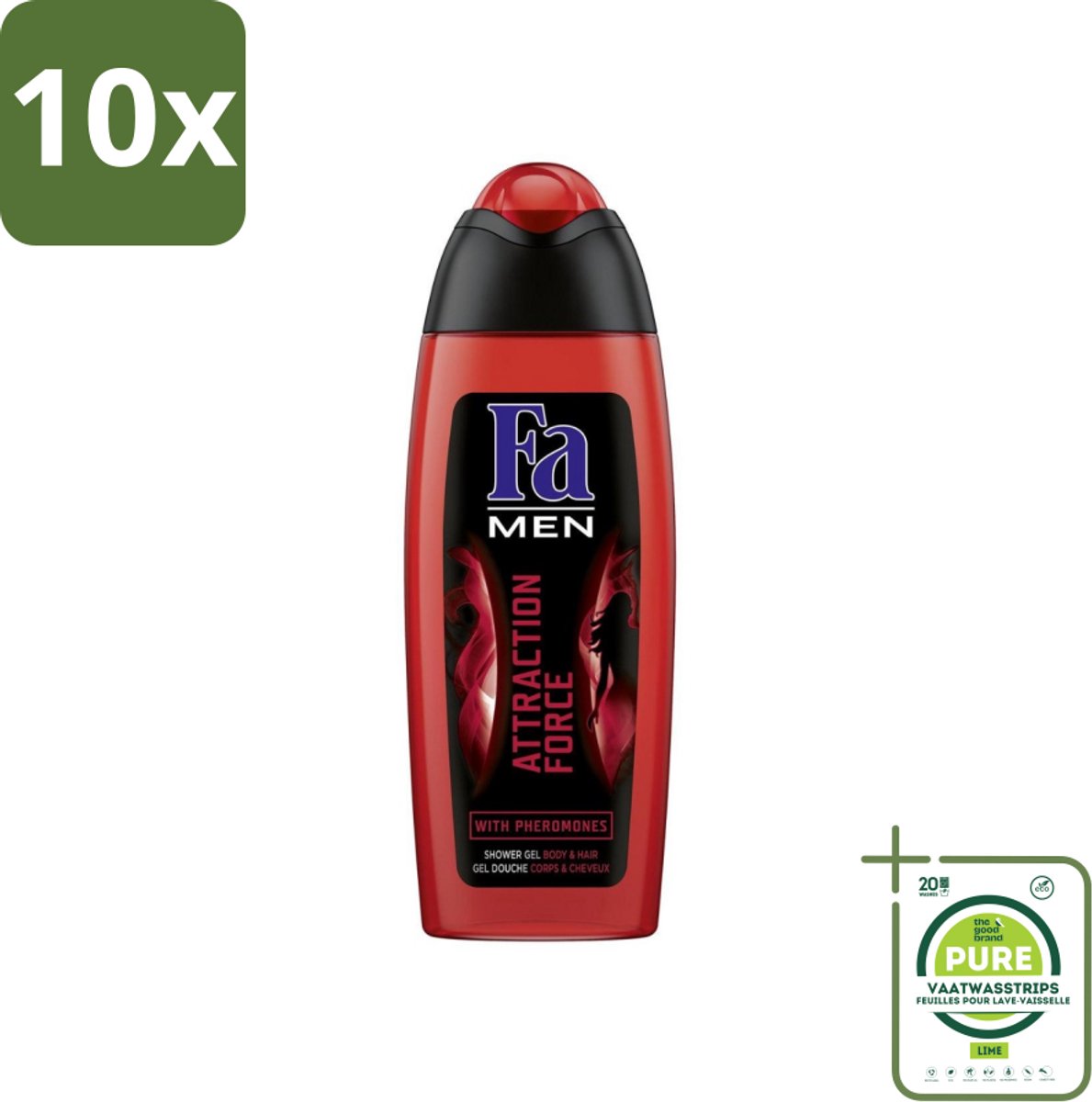 10 x Fa - Douchegel - Attraction Force - Mannen Lichaam & Haar - Bergamot & Limoen - Verfrissend - 250 ml - Grootverpakking - Douchegel Mannen - Bergamot Limoen - Verfrissend - 2 In 1 Douchegel - Lichaam Haar