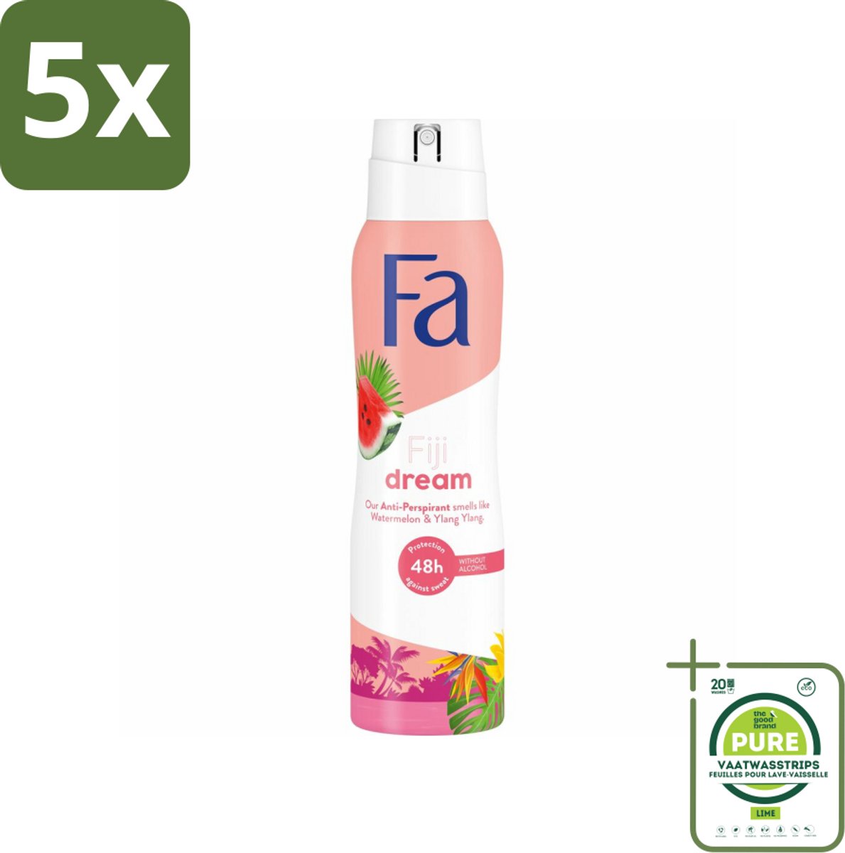 5 x Fa Deodorant Spray Fiji Dream 150 ml - Grootverpakking - Deospray - Anti-transpirant - 48 Uur Bescherming - Watermeloen - Ylang Ylang