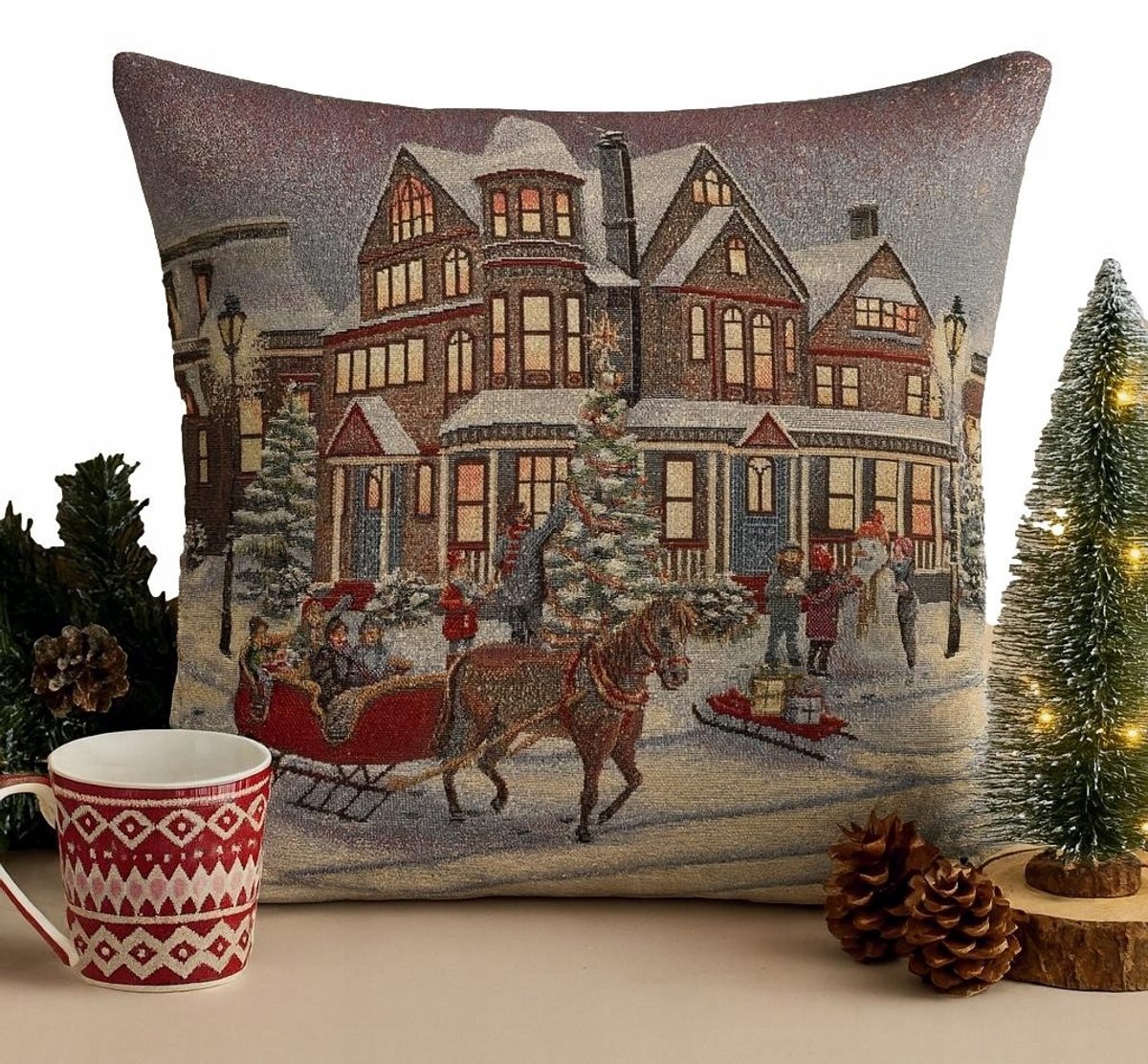 Kerst Kussenhoes Gobelin 45x45cm - Sneeuw, Kerstman & Gouden Draad