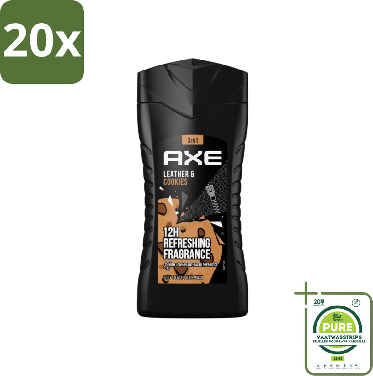 20 x Axe - 3-in-1 Douchegel - Leather & Cookies - 100% Plantaardig - 250 ml - Grootverpakking - Douchegel - Geur - Lichaam - Gezicht - Haar