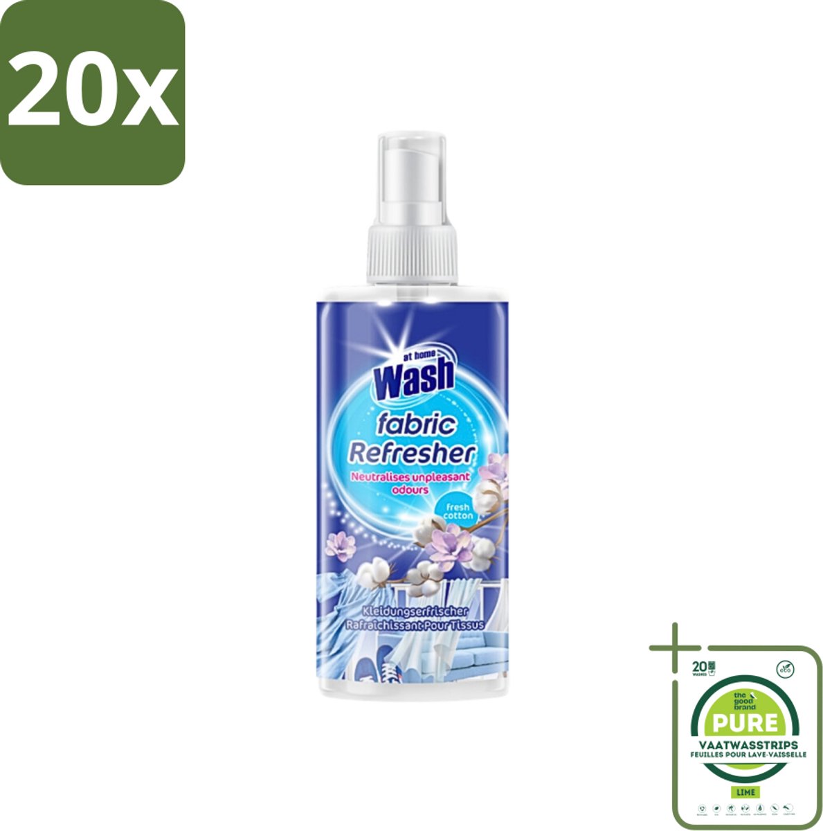 20 x At Home - Wash - Textielverfrisser - Fresh Cotton - Neutraliseert Onaangename Geuren - 300 ml - Grootverpakking - Textielverfrisser - Katoengeur - Geur Neutraliseren - Kleding Verfrissen - Stoffen Verfrissen