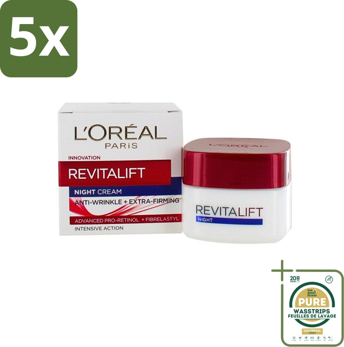 5 x L'Oréal Revitalift - Nachtcrème - Anti-Rimpel - Hydraterend en Verstevigend - 50 ml - Grootverpakking - Anti-rimpel Crème - Nachtcrème - Anti-aging Crème - Hydraterende Crème - Huidversteviging