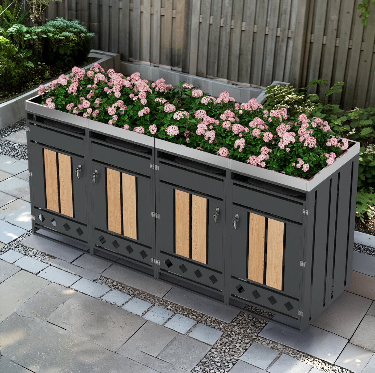 COVREO Containerberging 132x80x124,5 cm grijs houtlook met plantenbak