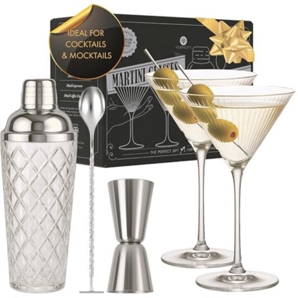 Luxe Cocktails Set met Glazen Shaker, Martini Glazen, en Cocktailaccessoires