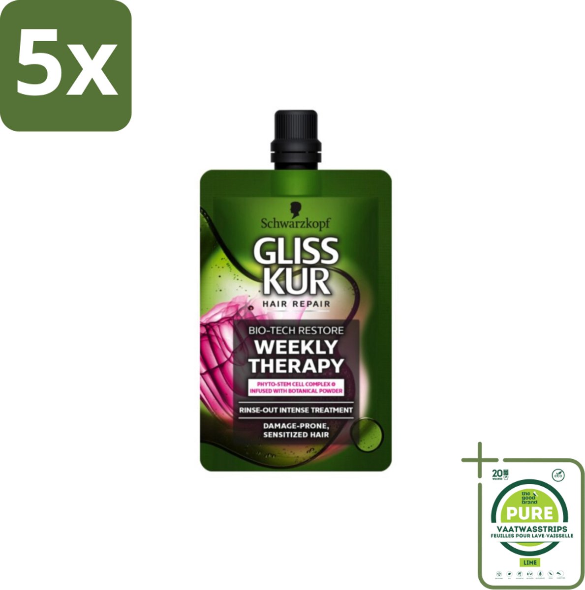 5 x Schwarzkopf - Gliss Kur - Haarverzorging - Beschadigd En Gevoelig Haar - 50 ml - Grootverpakking - Haar Masker - Beschadigd Haar - Gevoelig Haar - Herstellend Masker - Glans Masker