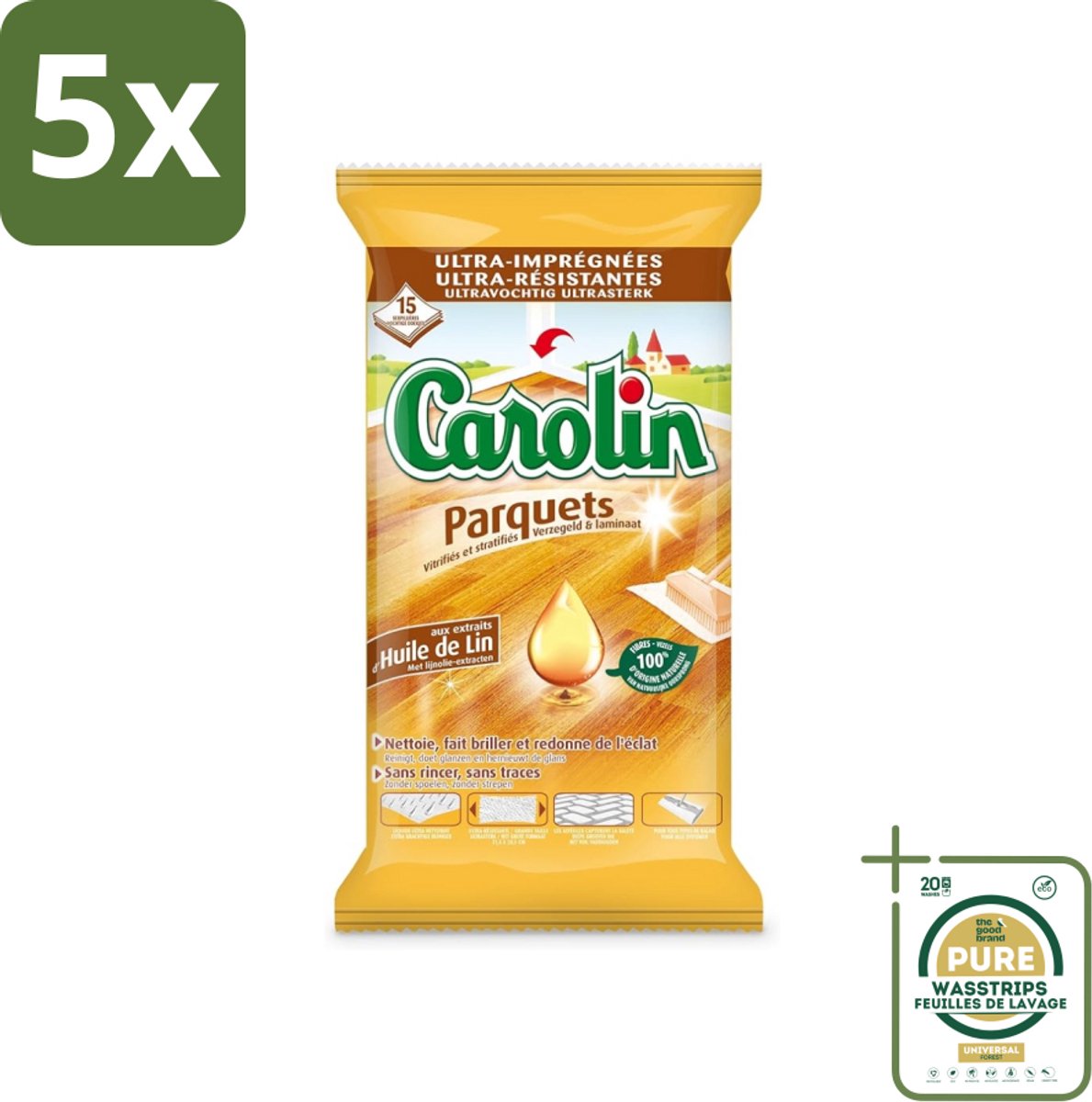 5 x Carolin - Parket Vloerdoekjes - Schoonmaakdoek - Met Lijnolie - 15 Doekjes - Grootverpakking - Parketvloerdoek - Parket Schoonmaken - Lijnolie Doek - Houtvloer Verzorgen - Parket Reinigen