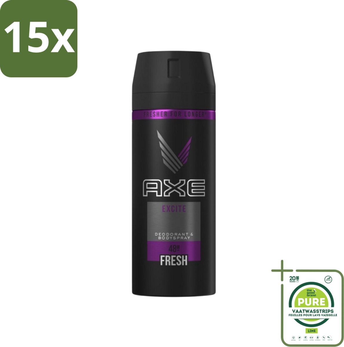15 x Axe - Deodorant Bodyspray - 48hrs Fresh - Excite - 150 ml - Grootverpakking - Axe Deodorant - Deodorant Spray - 48 Uur Fris - Kokosnoot Geur - Zwarte Peper Geur