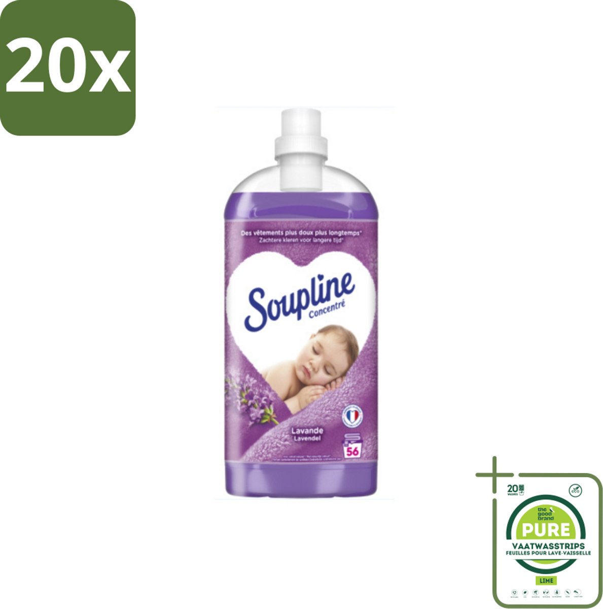 20 x Soupline - Wasverzachter - Lavendel - 56 Wasbeurten - 1.3L - Grootverpakking - Wasverzachter - Lavendelgeur - Wasgoed Verzachten - Wasverzachter Lavendel - Wasverzachter 56 Wasbeurten
