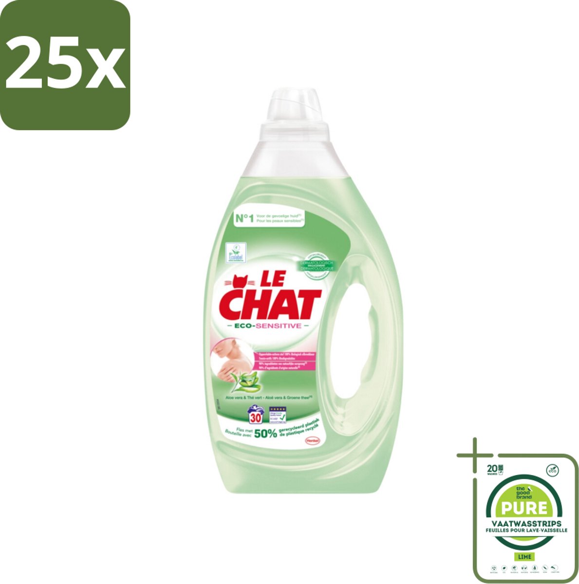 25 x Le Chat Eco-Sensitive - Vloeibaar Wasmiddel - Witte en Gekleurde Was - Aloë Vera & Groene Thee - 30 Wasbeurten - Grootverpakking - Wasmiddel - Ecologisch - Biologisch - Gevoelige Huid - Vloeibaar