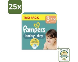 25 x Pampers – Luiers – Baby-Dry Trio Pack Maat 3 (6-10 kg) – 156 Luiers - Grootverpakking - Baby Luiers - Droge Luiers - Anti-lek Luiers - Baby Droogheid - Nachtluier