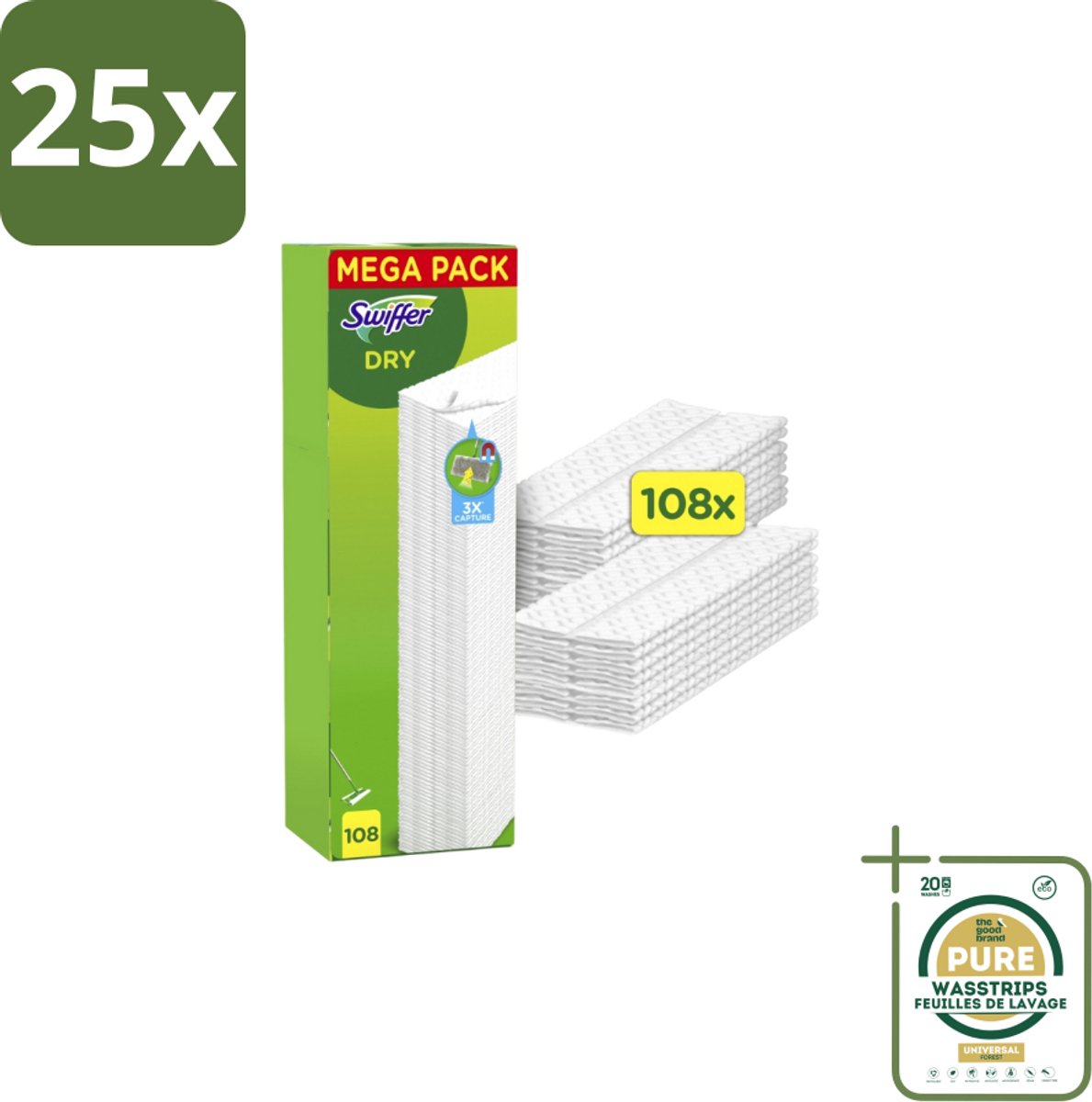 25 x Swiffer – Vloerdoekjes – Dry Navullingen – 108 doekjes - Grootverpakking - Vloerdoekjes - Schoonmaken - Stofzuigen - Haren Verwijderen - Droge Vloerdoekjes