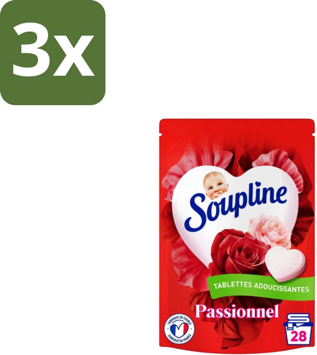 3 x Soupline – Wasverzachtertabletten – Harten Straling van Passiebloemboeket - 28 tabletten - Wasverzachter Tablet - Wasverzachter In Tabletvorm - Rozengeur Wasverzachter - Verzachte Wasverzachter - Wasverzachter Voor Kleding