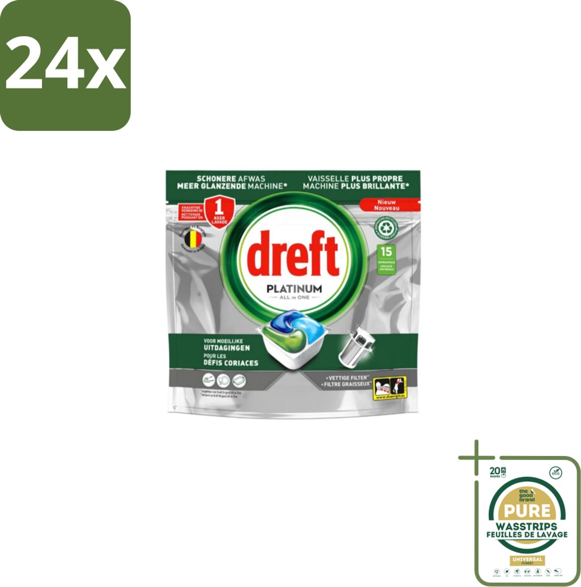Dreft – Vaatwascapsules – Platinum All-in-One – 15 Capsules - Voordeelverpakking - 24 stuks - Reinigingscapsule - Vetverwijdering