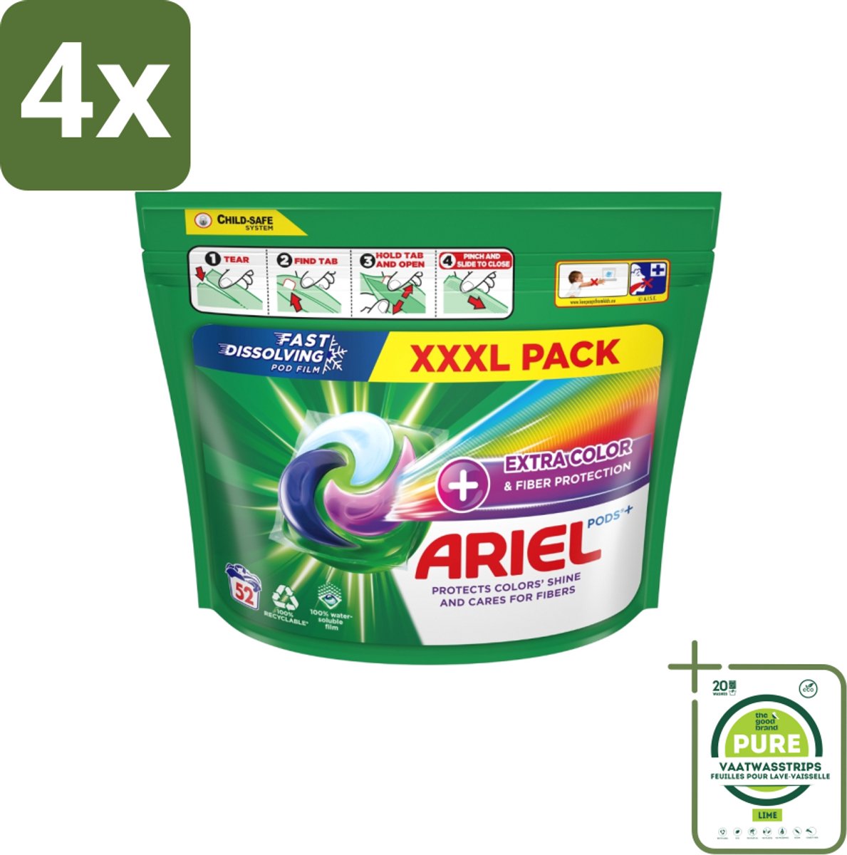 Ariel – Waspods – Fiber Protection – 52 wasbeurten - Voordeelverpakking - 4 stuks - Vezelbescherming - Wasmiddel pod