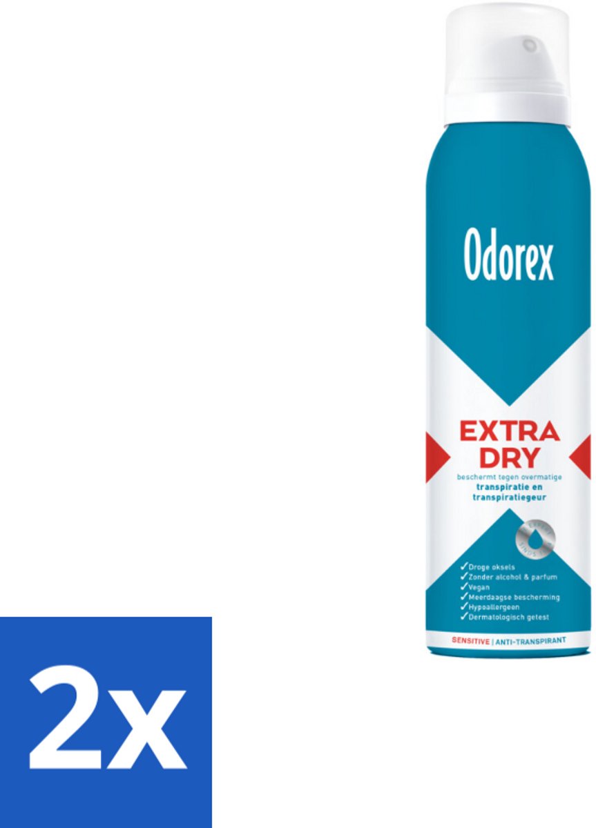 2 x Odorex – Anti-transpirant spray – Extra Dry Sensitive – 150 ml - Antitranspirant Spray - Extra Droge - Gevoelige Huid - Transpiratiegeur - Meerdaagse Bescherming