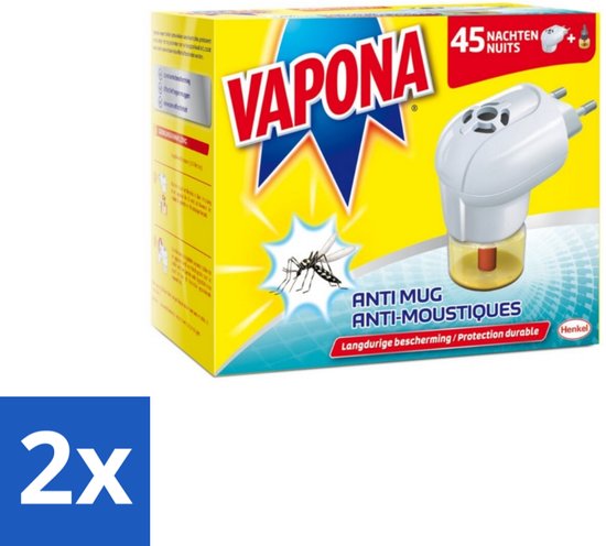 Vapona anti-muggenstekker voordeelverpakking met 2 stuks, goed voor 45 nachten bescherming.