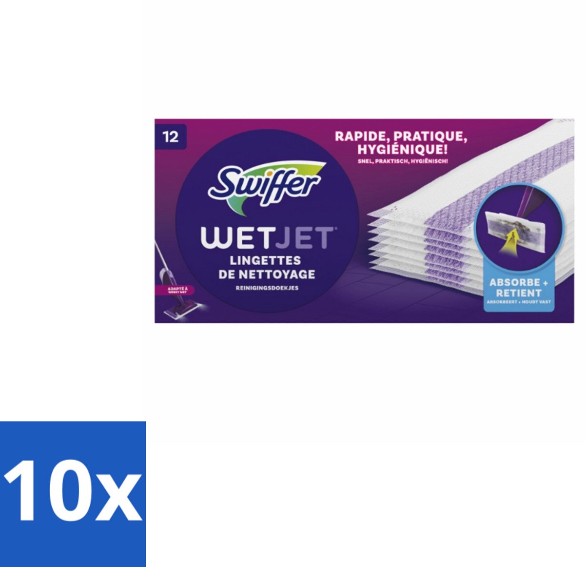 10 x Swiffer - WetJet – Reinigingsdoekjes – Navullingen – 12 doekjes - Absorberende Navuldoekjes - Vloer Reinigen - Spraymop Doekjes - Vuil Opnemen - Vet Opnemen